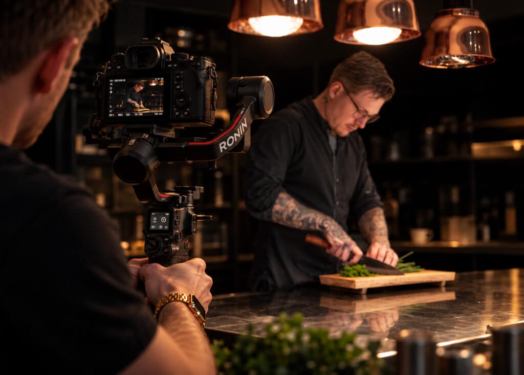 Filminspelning av kock i restaurangkök