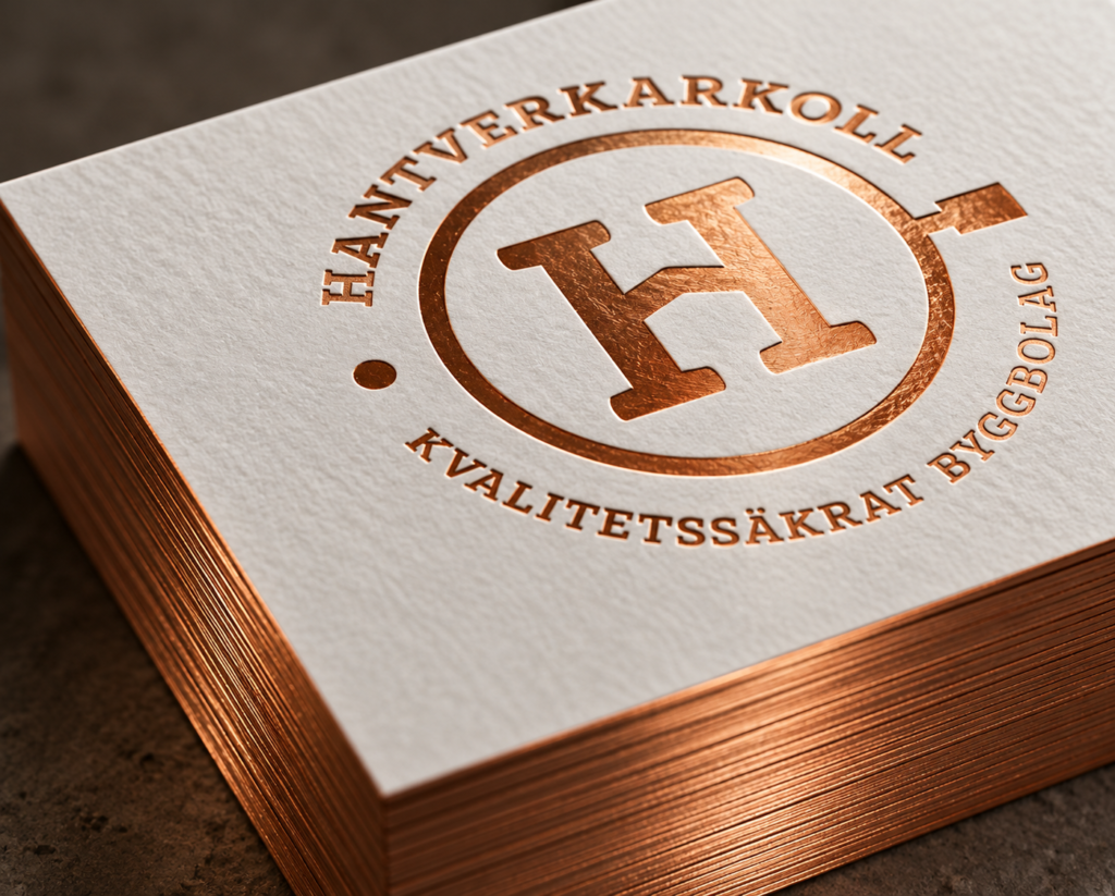 Prägling med folie – logotyp i kopparfolie med relief på tjock kartong med kopparkant