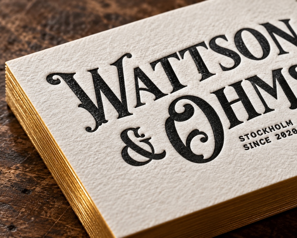 Letterpress – visitkort för Wattson & Ohms med nedtryckt svart tryck och guldfärgade kanter