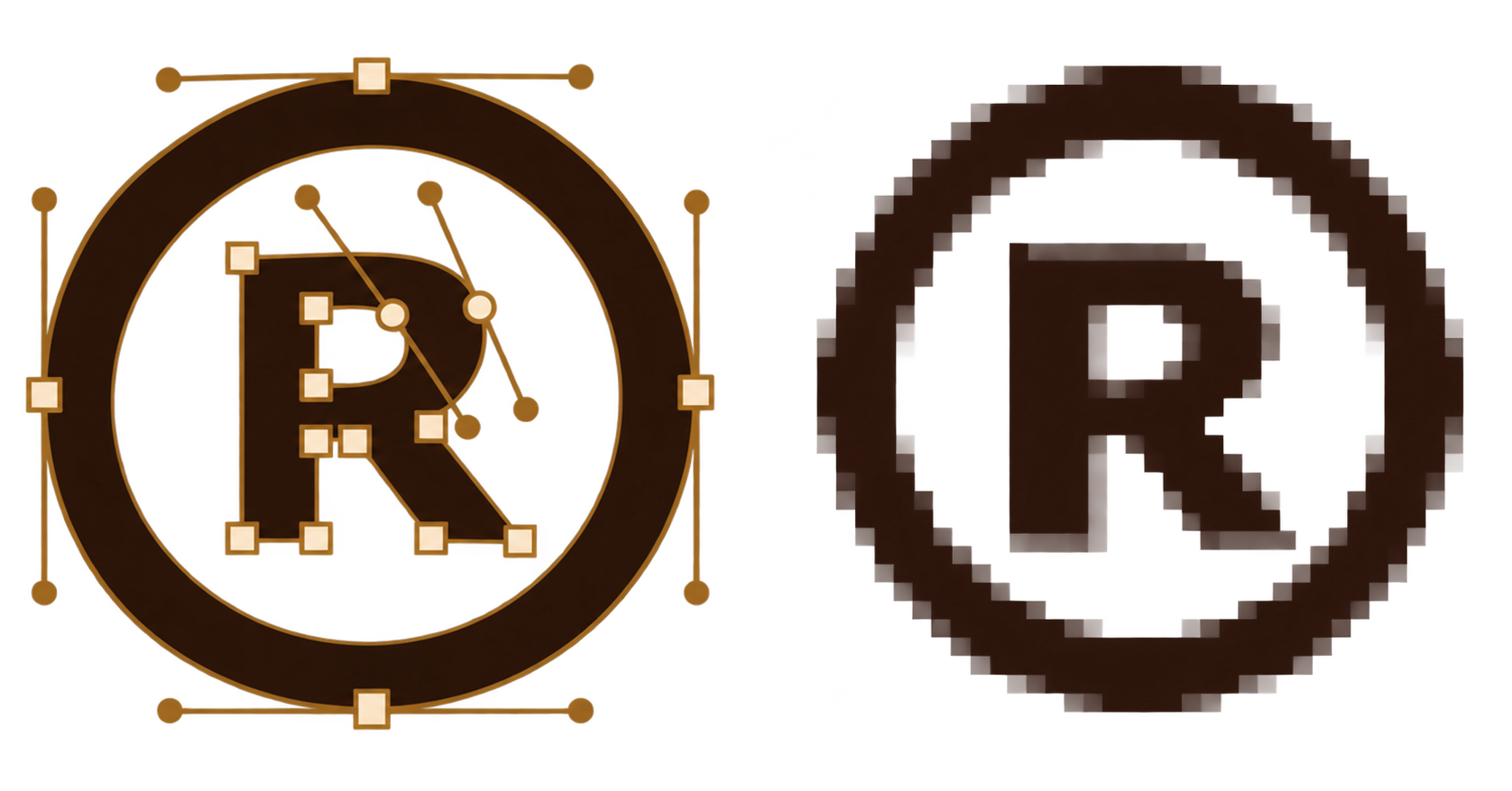 Jämförelse av en vektoriserad logotyp med skarpa kurvor och ankarpunkter till vänster och en pixlad, suddig version till höger