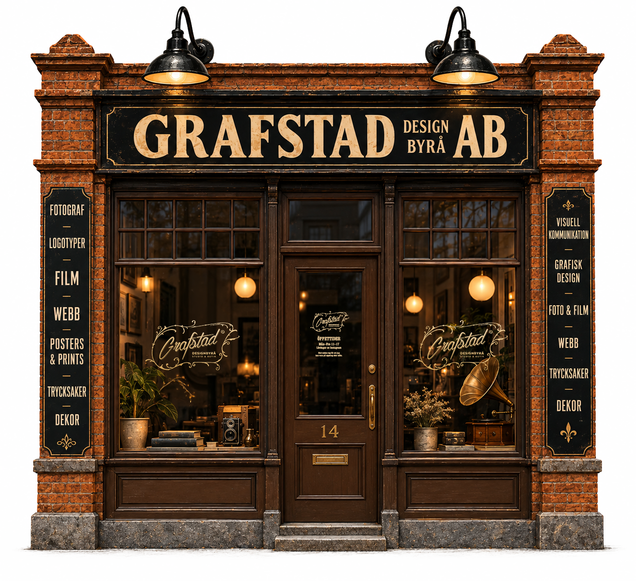 Fasaden till Grafstad Designbyrås studio och butik på Fredsgatan 14A i Sundbyberg